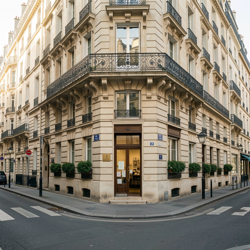 View of a Parisian street in the 2nd arrondissement with characteristic Haussmann-era stone buildings, a street-level editorial office entrance and early morning natural light