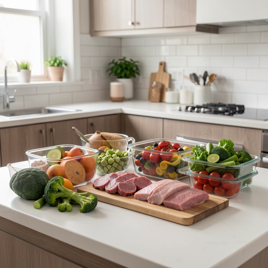 Organised meal preparation spread on a clean kitchen counter with whole foods, lean proteins, fresh vegetables and glass meal containers in natural studio lighting