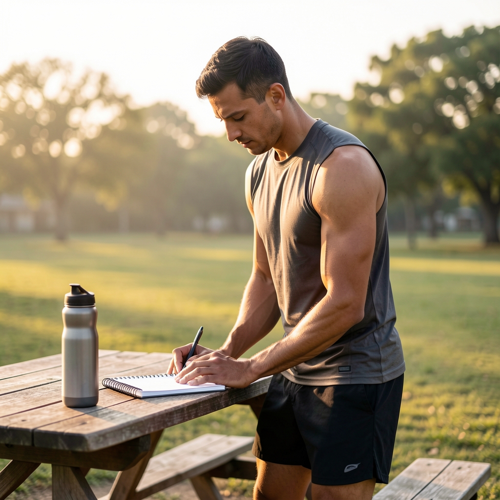 Active man in early morning light preparing for an outdoor workout, wearing athletic gear with a notebook and water bottle on a wooden table beside him