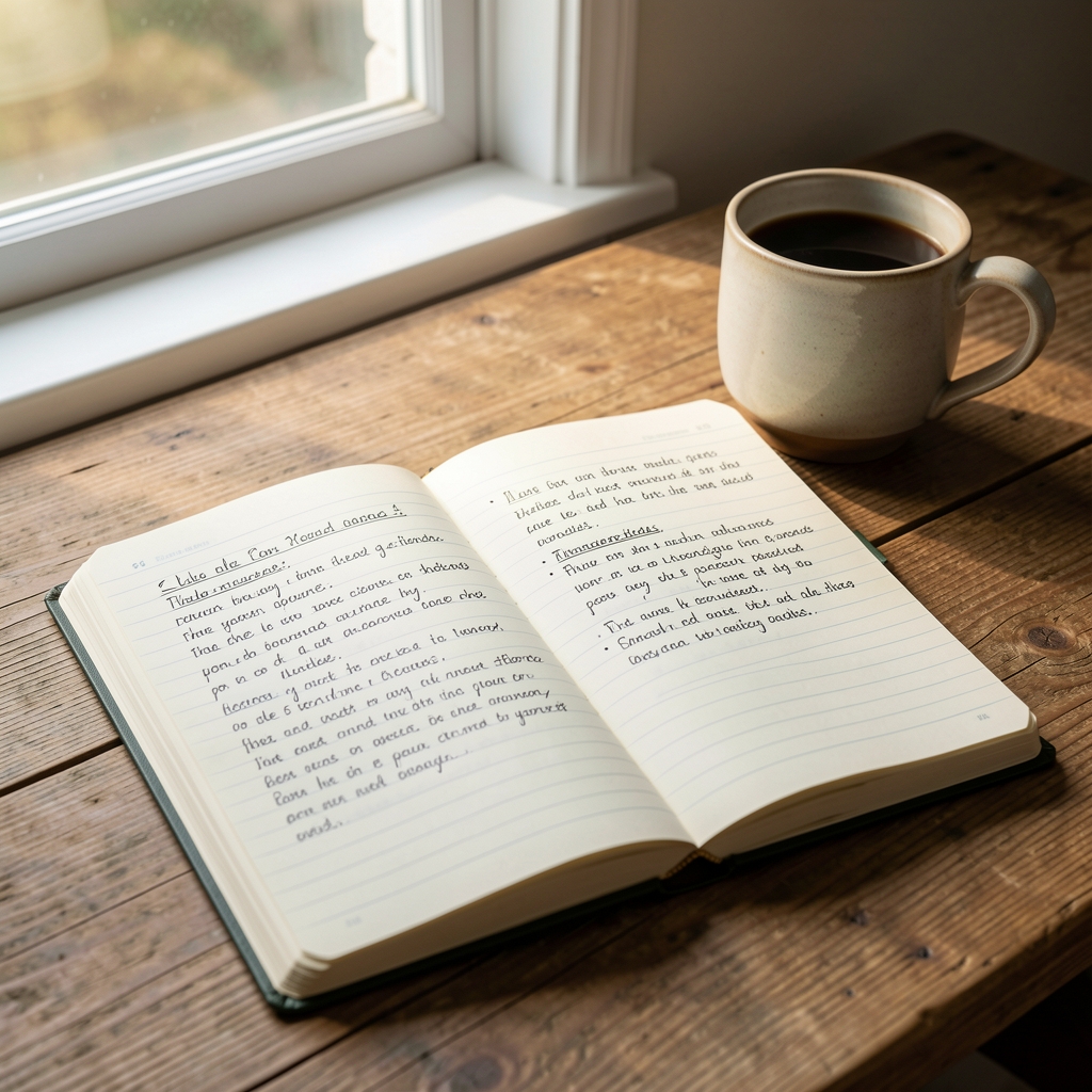 Open notebook with handwritten field notes on a wooden desk with a ceramic coffee cup and morning light coming through a nearby window