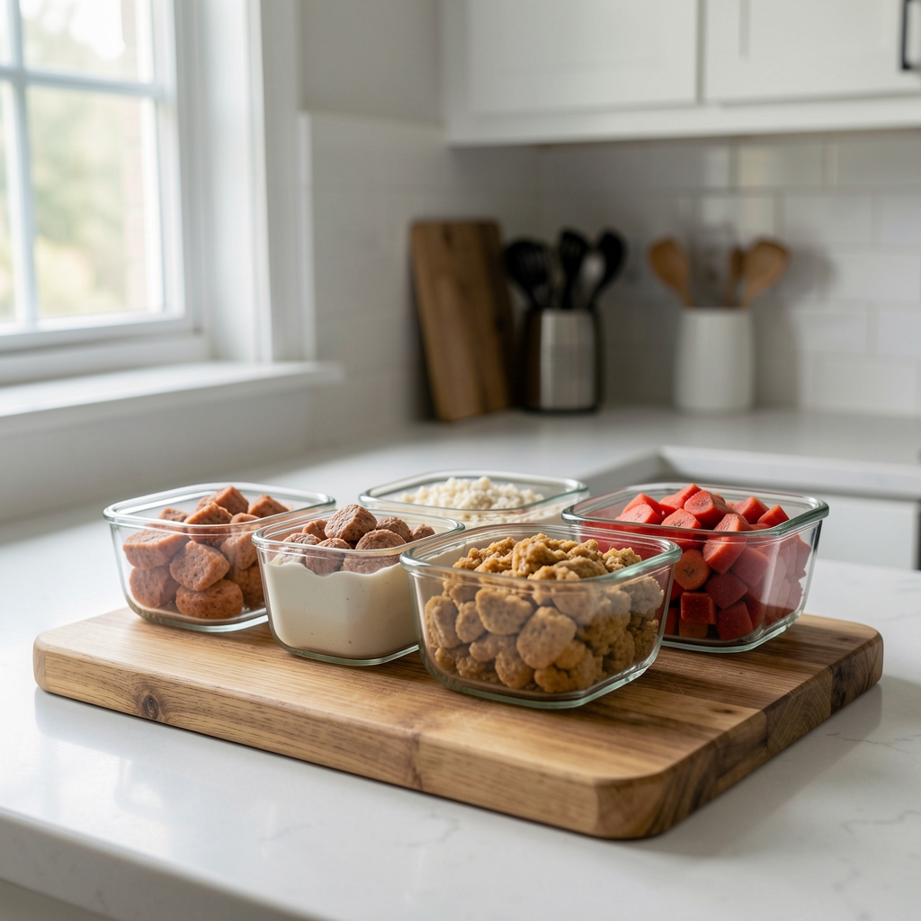 Clean kitchen workspace with neatly portioned protein ingredients in glass containers arranged on a wooden cutting board with natural daylight from a side window
